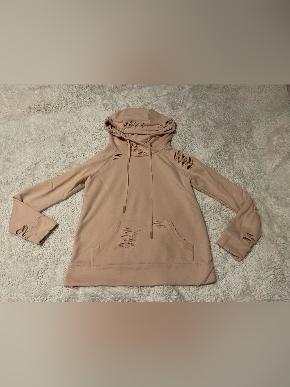 Alo Yoga Ripped Distressed Hoodie Womens Size S Peach Pullover Sweatshirt